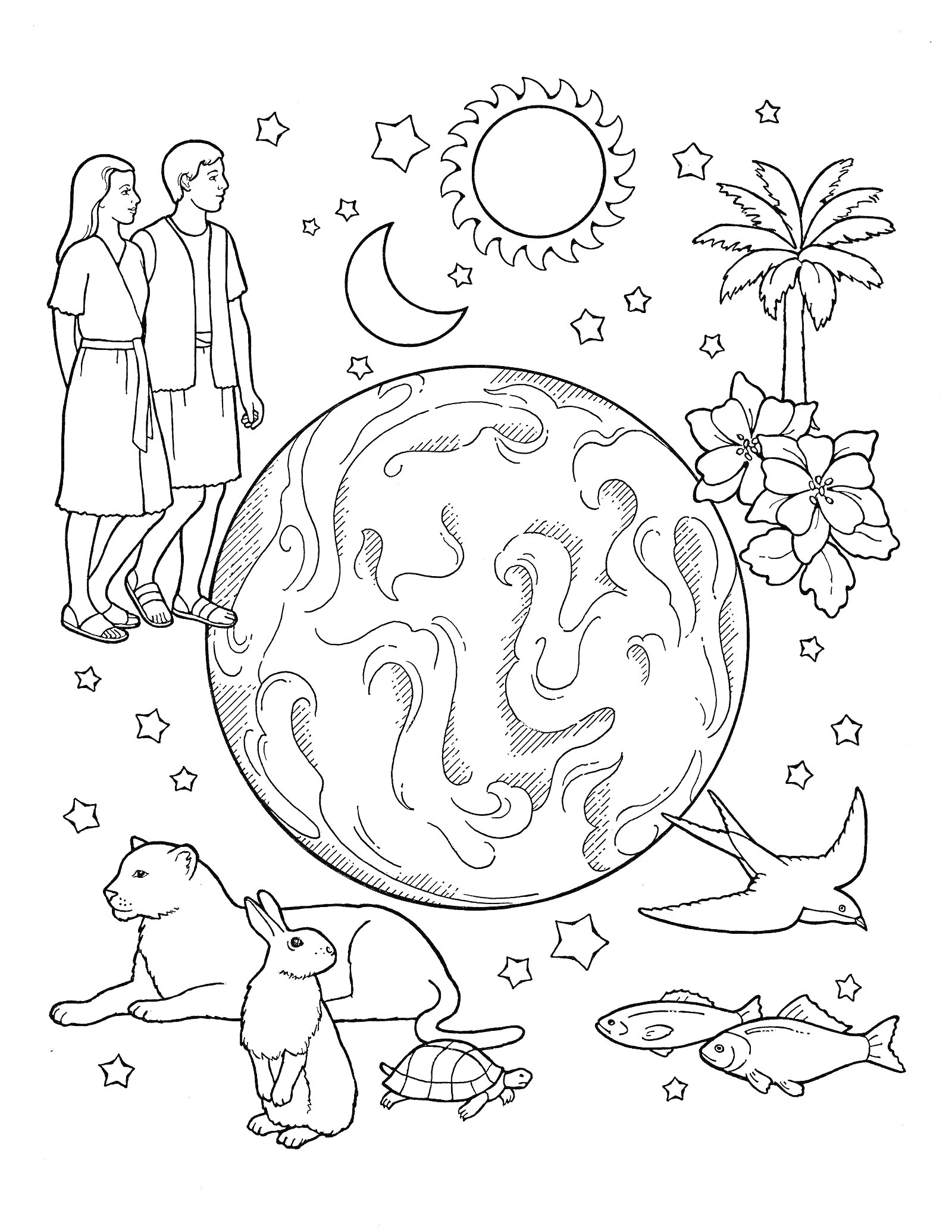 На раскраске изображено: Земля, Солнце, Луна, Звезды, Птица, Медведь, Кролик, Черепаха, Природа, Мир