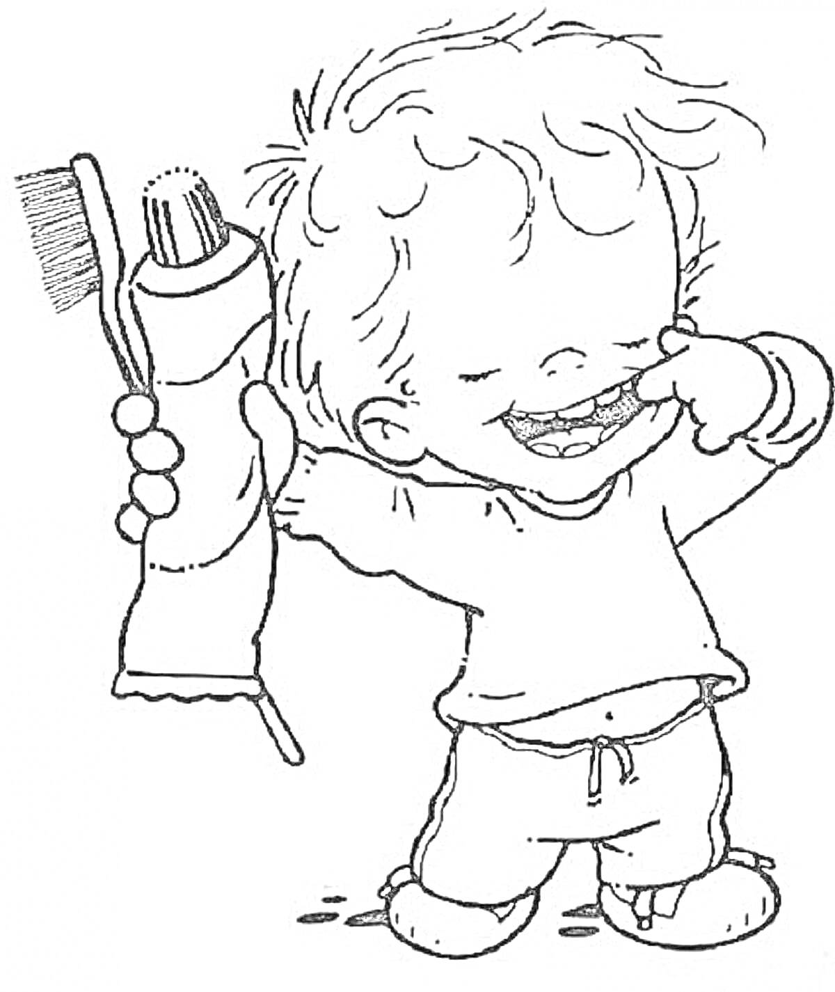 На раскраске изображено: Ребёнок, Зубная щетка, Зубная паста, Чистка зубов, Гигиена, Уход за зубами, Утро, Веселье