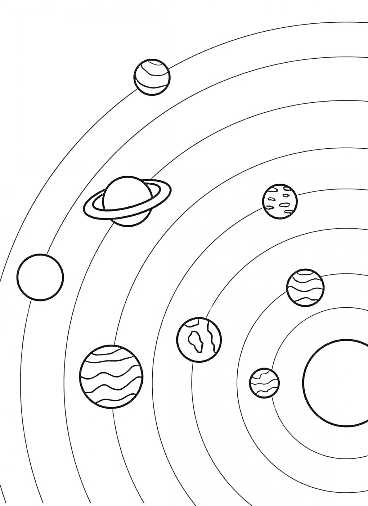 На раскраске изображено: Солнечная система, Планеты, Орбиты, Космос, Астрономия, 4 класс, Наука
