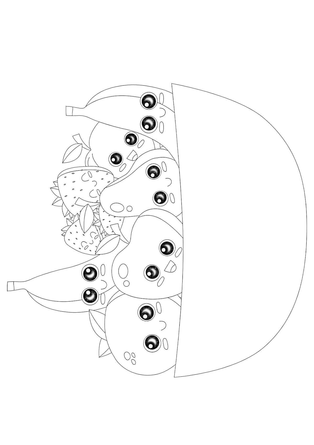 На раскраске изображено: Фрукты, Клубника, Корзина, Милые лица