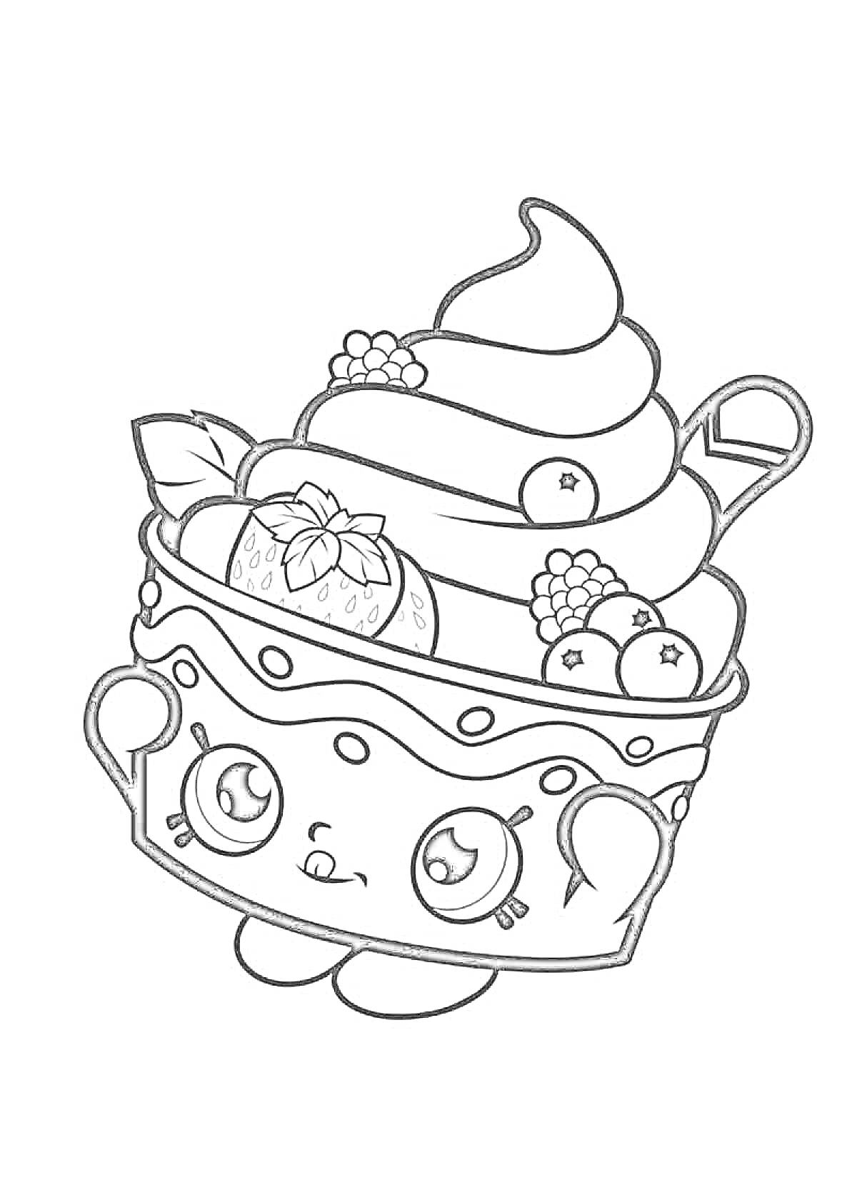 Раскраска Десерт в чашке с клубникой, черникой и сливками
