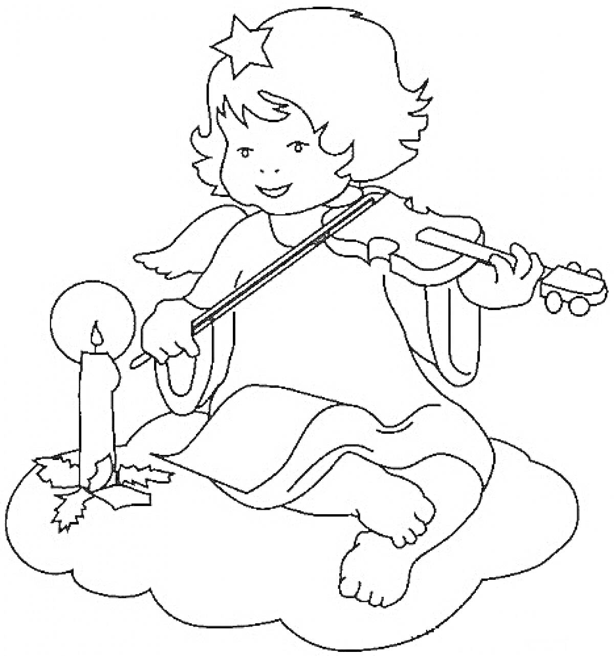 Раскраска Рождественский ангел, сидящий на облаке, играющий на скрипке рядом со свечой