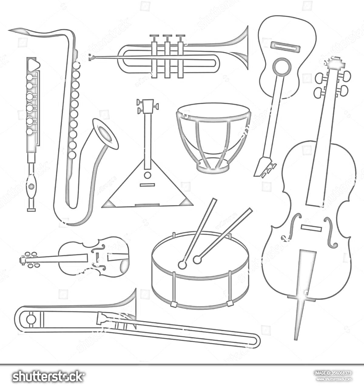 На раскраске изображено: Симфонический оркестр, Саксофон, Труба, Балалайка, Барабан, Скрипка, Контрабас, Гитара, Тромбон, Ксилофон