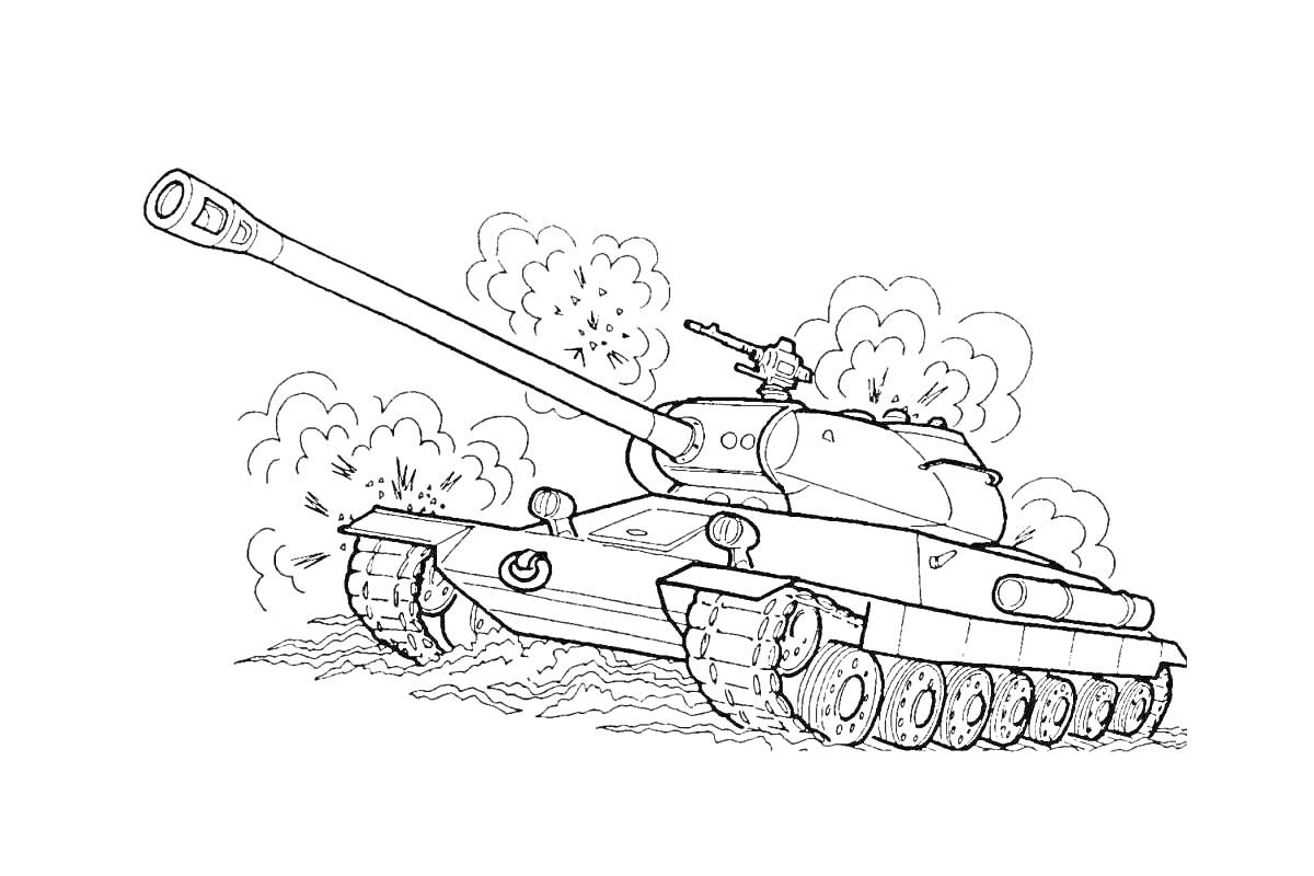 Раскраска Танк Т-34 на поле боя с облаками дыма и гусеницами