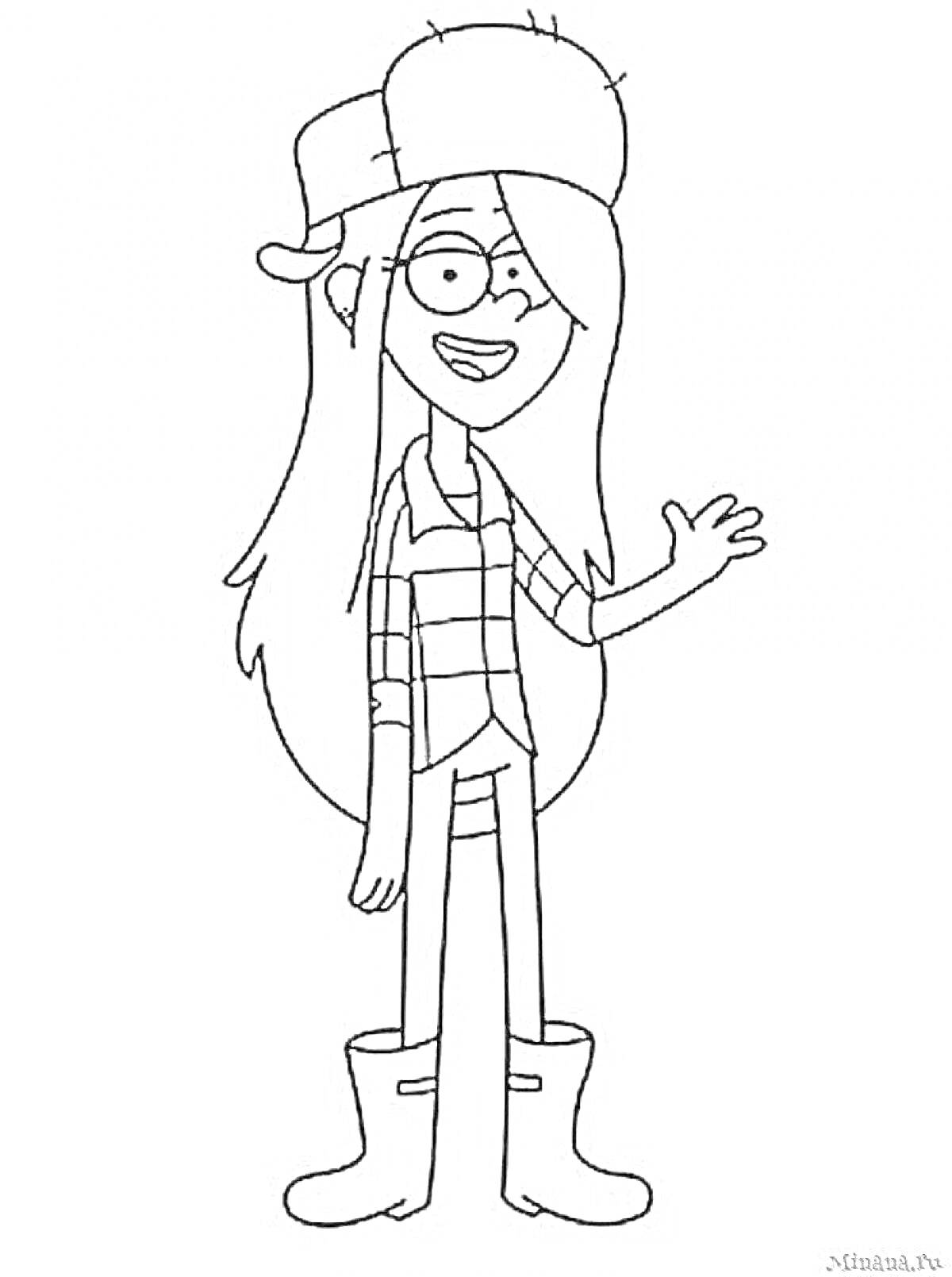 Раскраска Девушка в шапке, очках и сапогах, с длинными волосами, в клетчатой рубашке и футболке, поднимающая руку