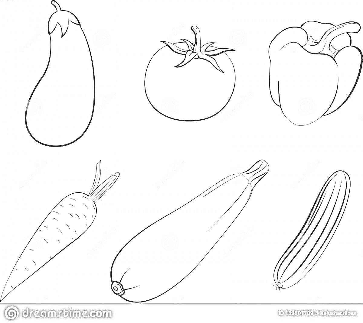 На раскраске изображено: Баклажан, Помидор, Болгарский перец, Морковь, Кабачок, Огурец, Овощи