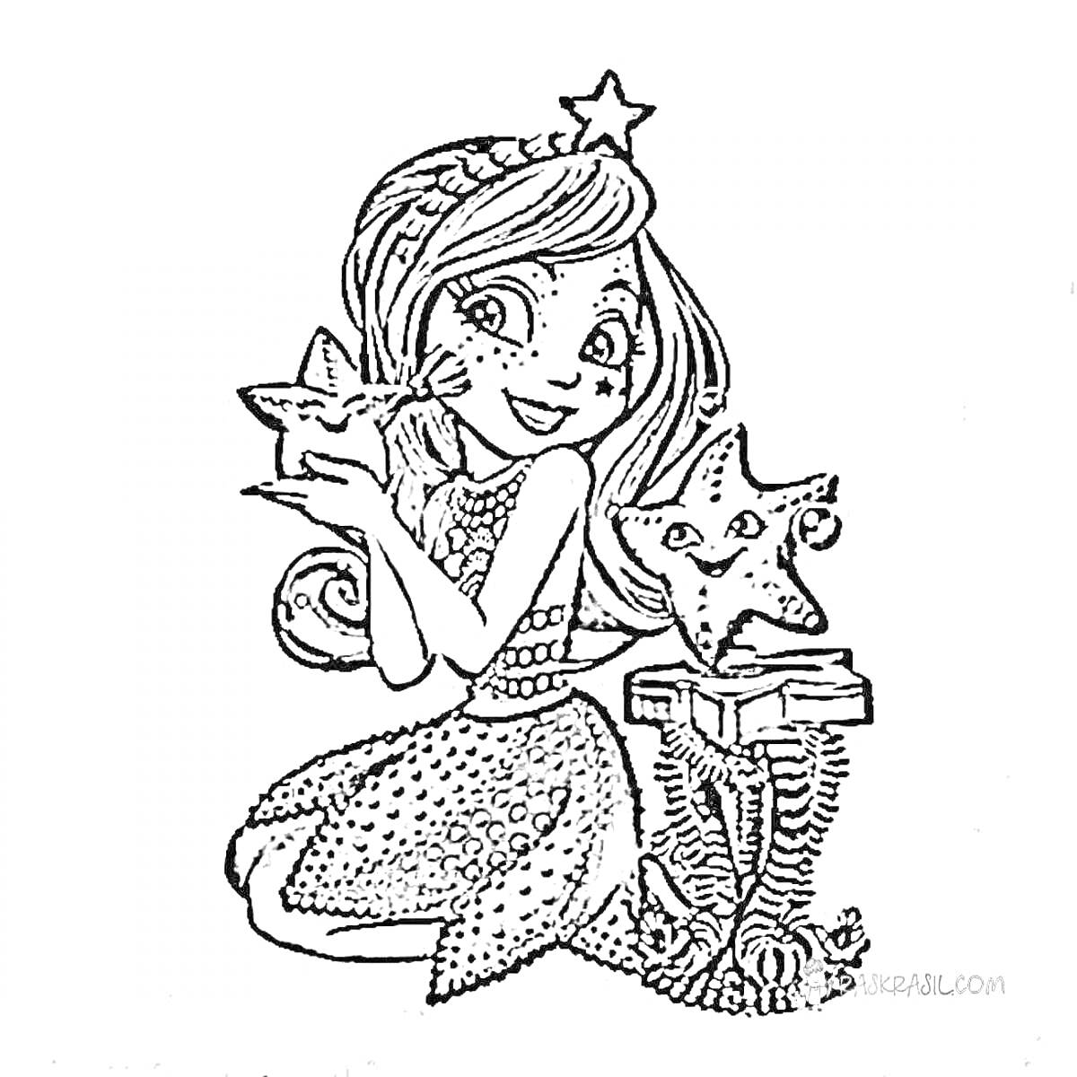 На раскраске изображено: Девочка, Морские звезды, Подставка