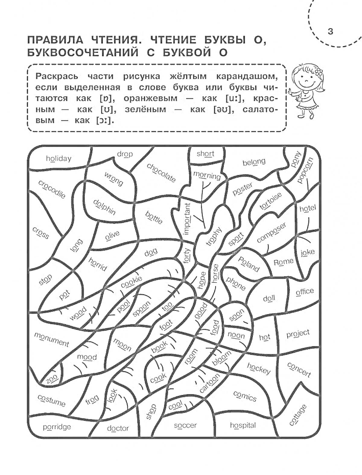 Раскраска правила чтения, чтение буквы O, буквосочетаний с буквой O, раскраска