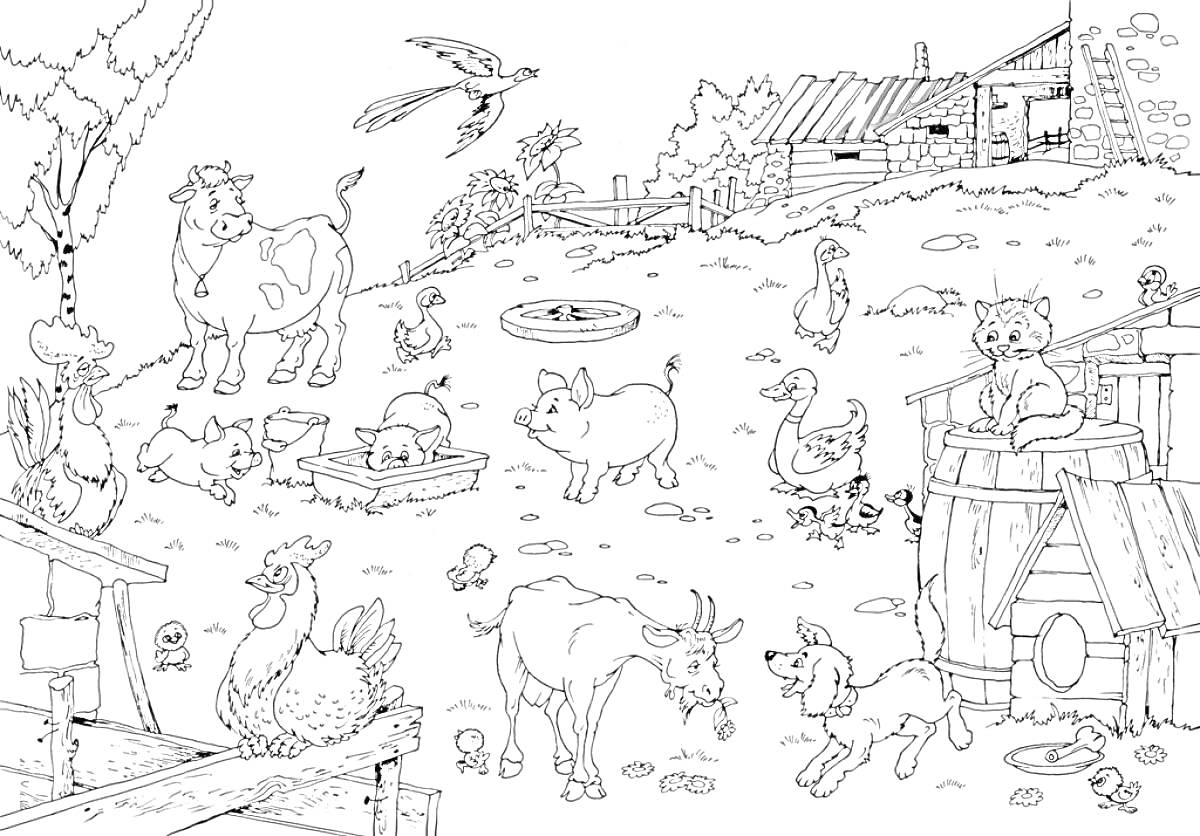 РаскраскаФерма с коровой, поросенком, лошадью, козой, собакой, кошкой, петухом, курицей, уткой и утятами, гусем, индюком, кроликами, совой, вороной, мышью, деревом, фермой, забором, тележкой и пнями.