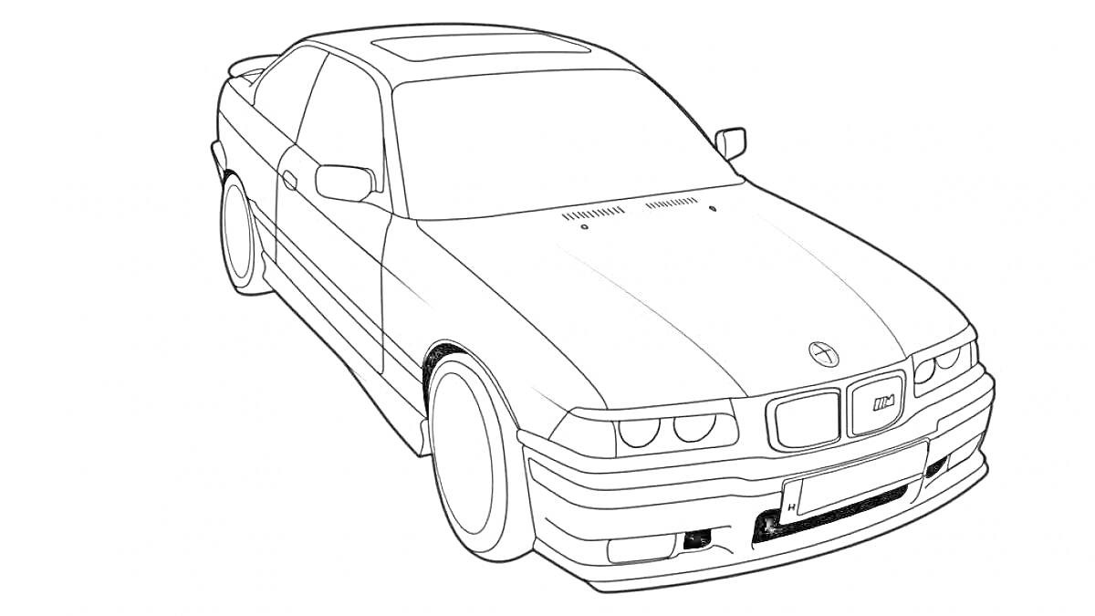 Раскраска Контурный рисунок BMW E34 седан с деталями кузова, фарами, боковыми зеркалами и колесами.