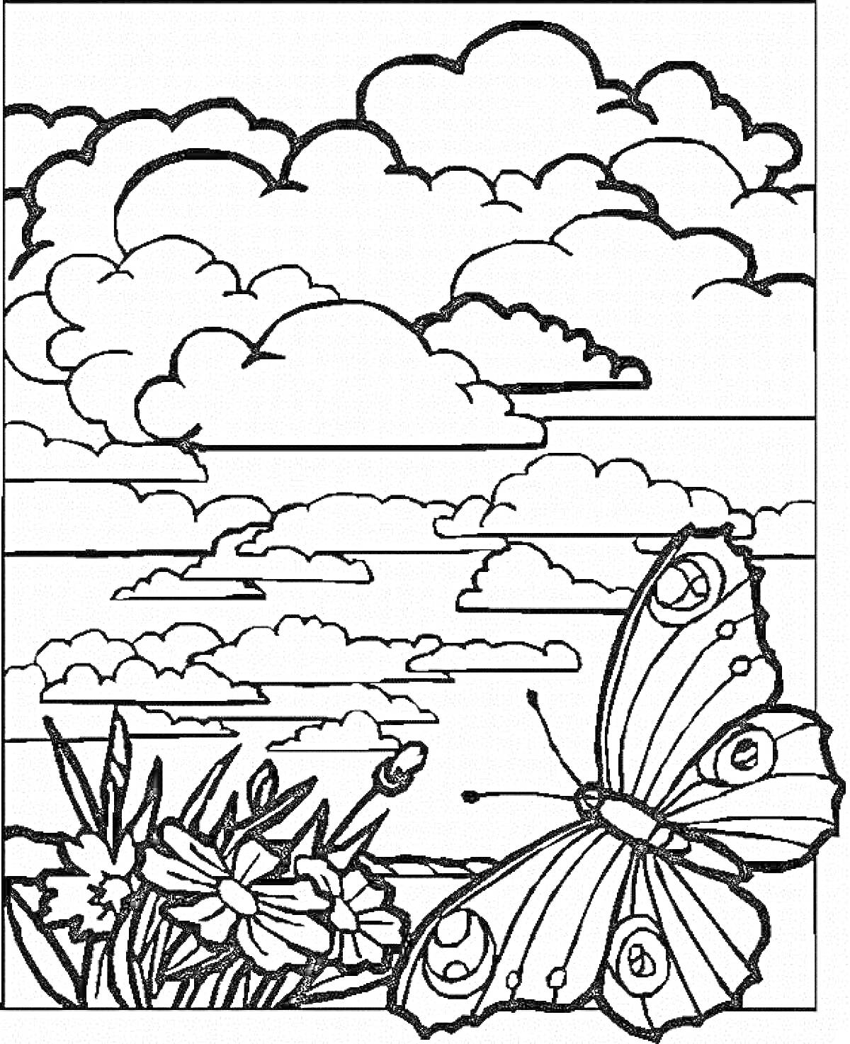 Раскраска Летний пейзаж с цветами, бабочкой и облаками