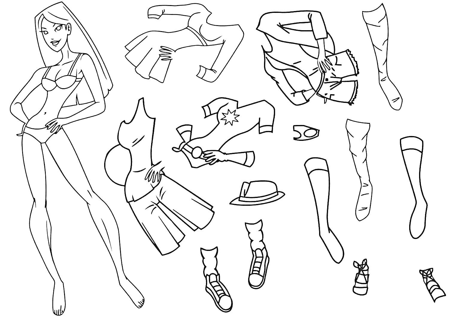 На раскраске изображено: Бумажная кукла, Барби, Одежда, Ботинки, Пиджак, Блузка, Шорты, Пояс, Шляпа, Очки, Чулки, Ободок