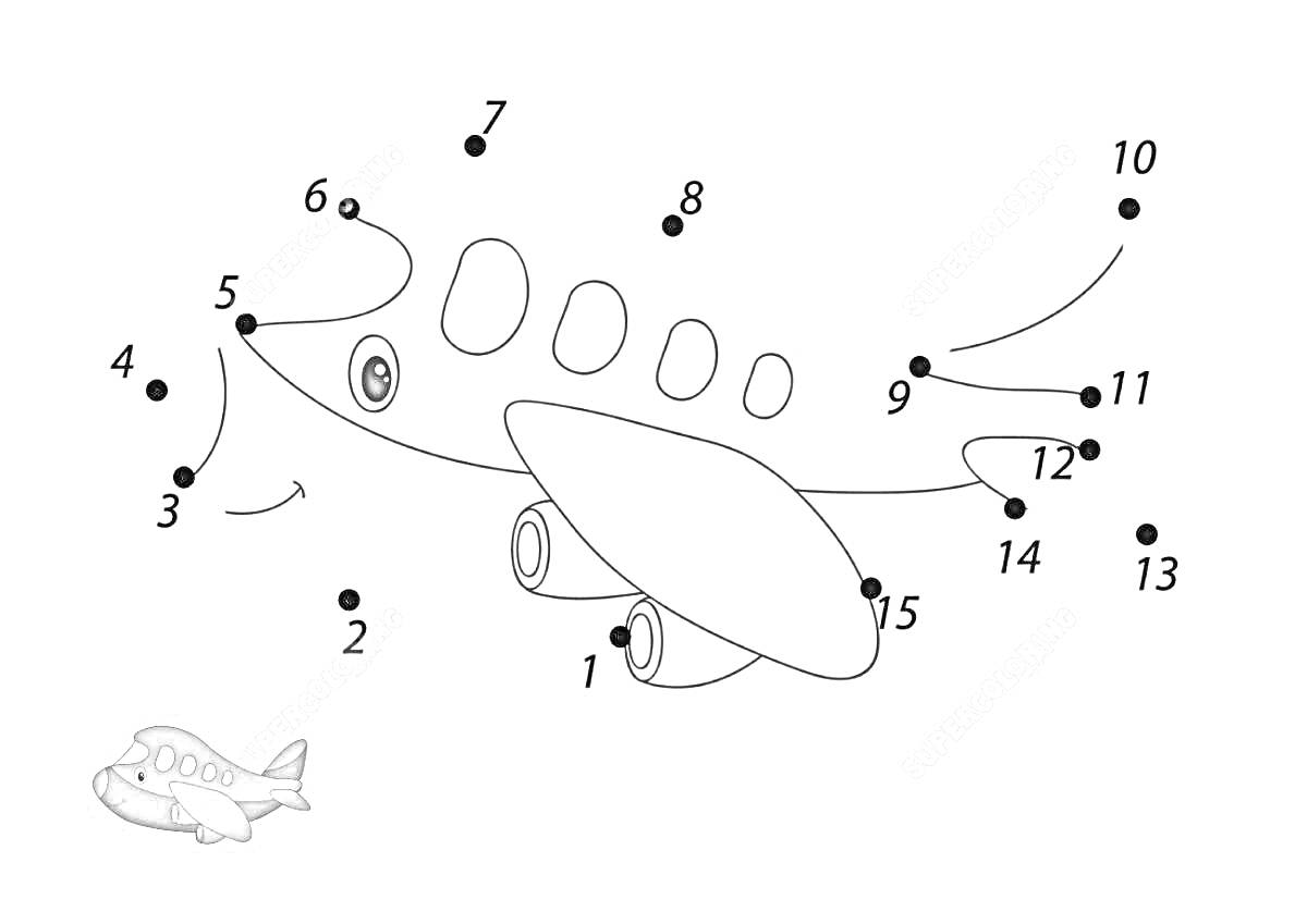 Раскраска Самолет по точкам с иллюстрацией
