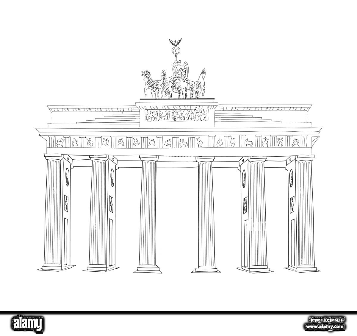 На раскраске изображено: Бранденбургские ворота, Квадрига, Колонны, Архитектура, Берлин, Германия