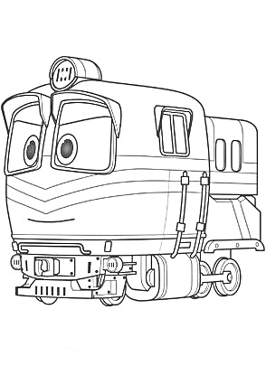 На раскраске изображено: Робот, Поезд, Большие глаза, Из мультфильмов, Для детей, Транспорт, Железная дорога