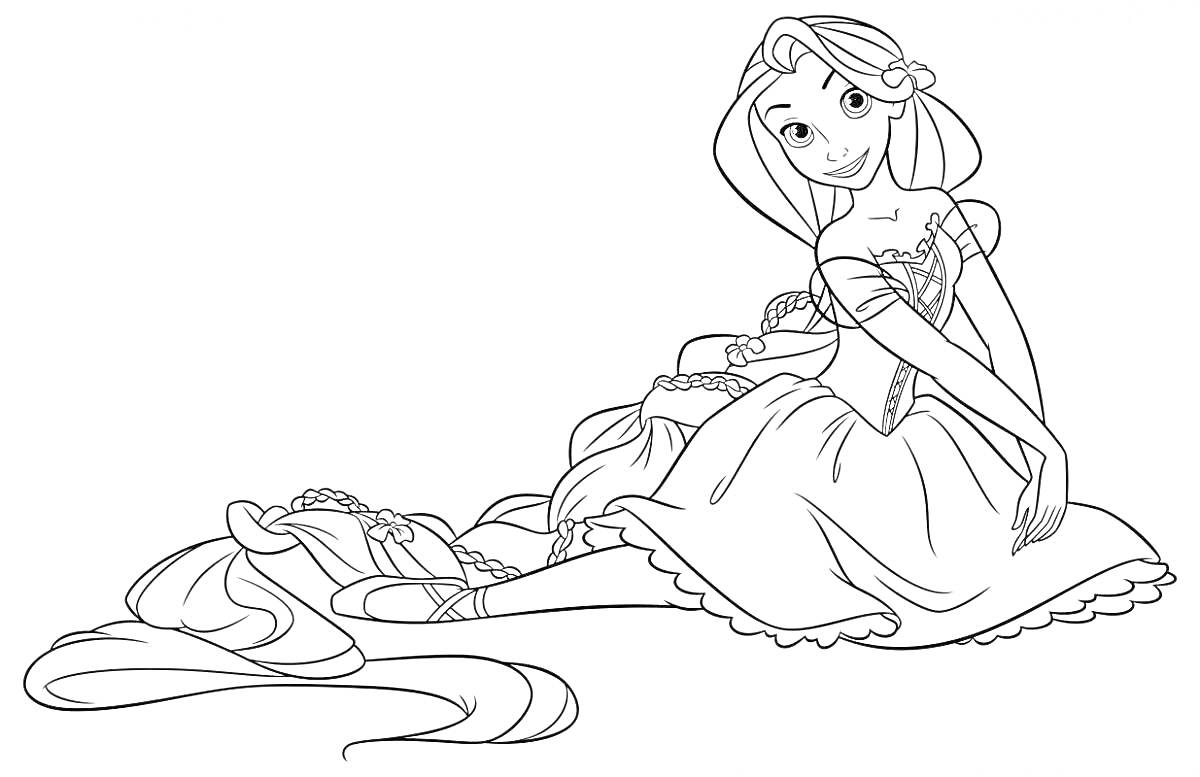 На раскраске изображено: Рапунцель, Принцесса, Длинные волосы, Платье, Для девочек
