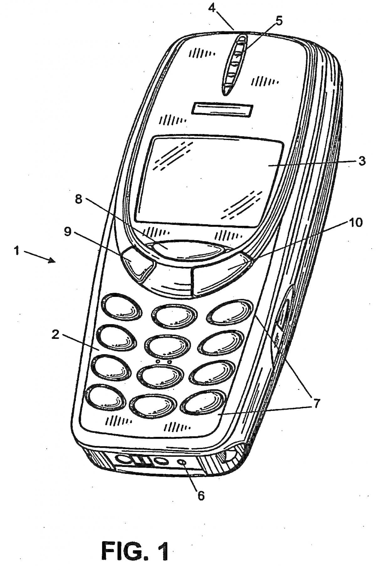 Раскраска Чертеж старого мобильного телефона Nokia с антенном, экраном, клавиатурой