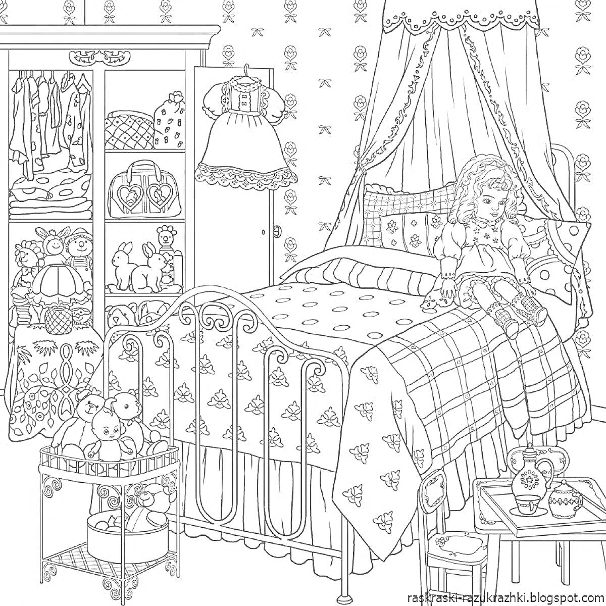 Раскраска Спальня девочки с кроватью, игрушками и шкафом