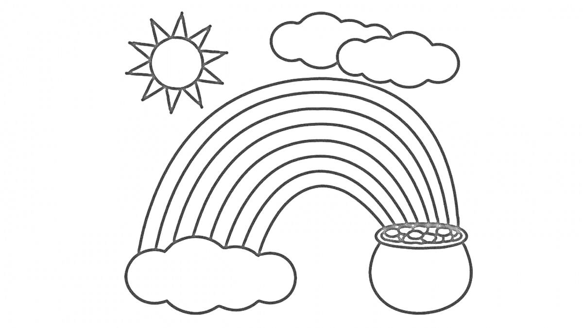 Раскраска радуга с облаками, солнцем и горшком с монетами