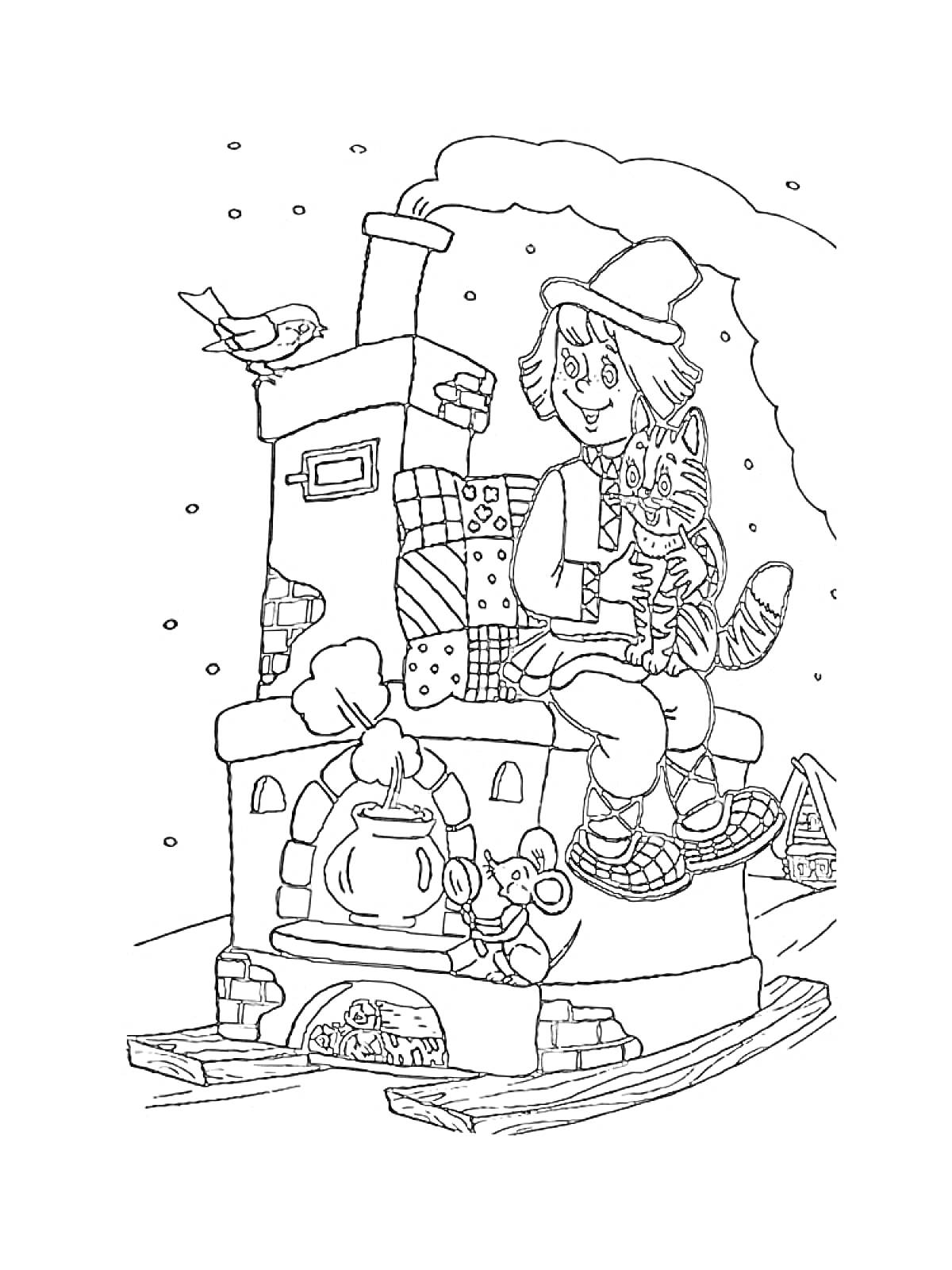 Раскраска Русская печь с трубой, мальчик с котом, мышонок, чайник на печи, птица на крыше