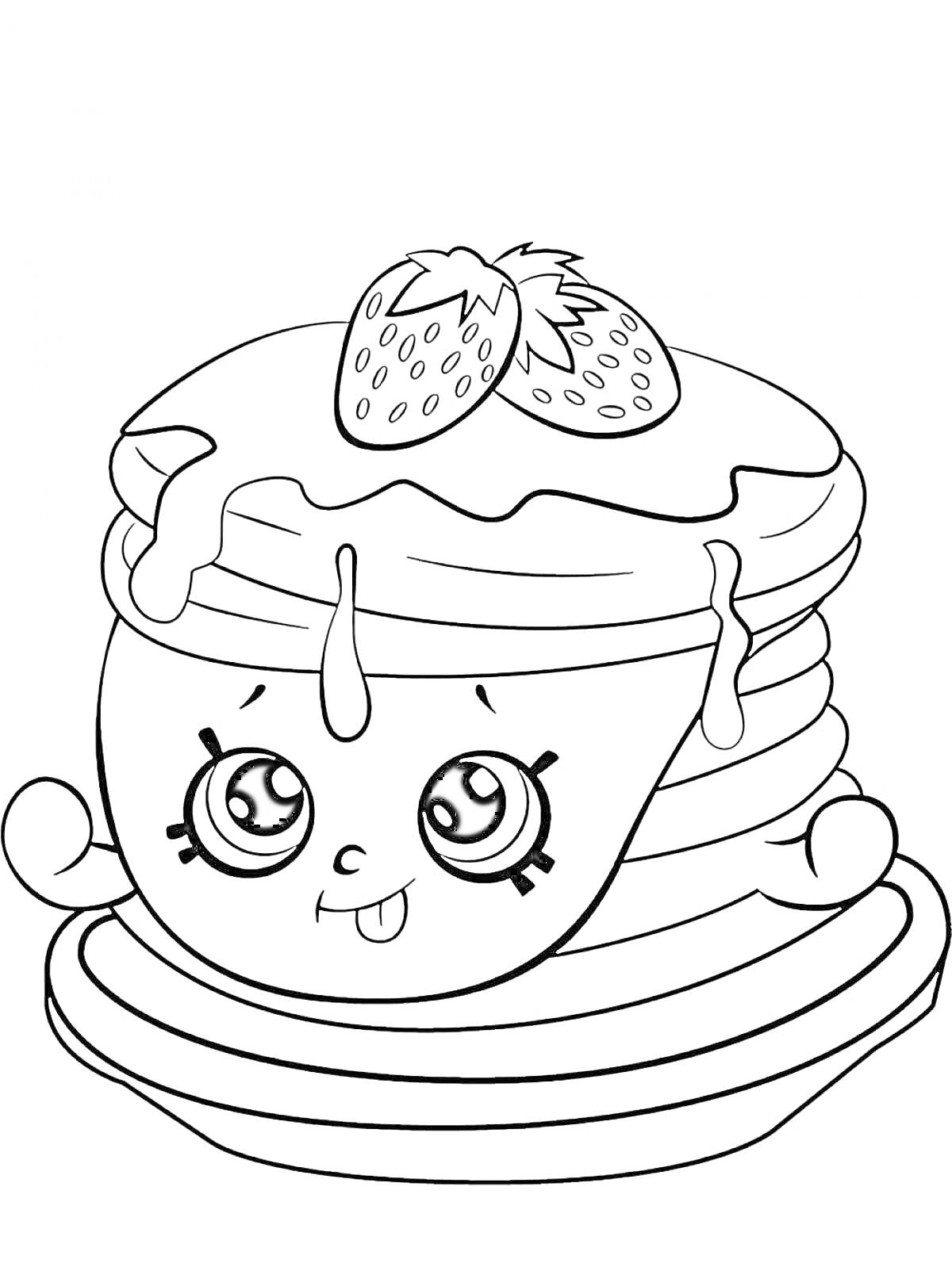 Раскраска Блинный торт с клубникой и каплей сиропа
