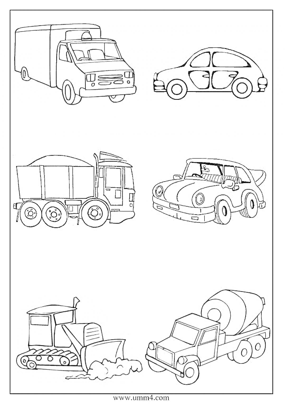 На раскраске изображено: Автобус, Самосвал, Спортивный автомобиль, Снегоуборочная машина, Бетономешалка, Транспорт