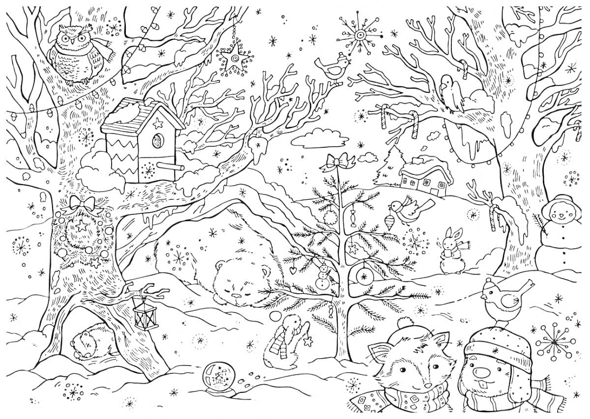 Раскраска Зимний лес с животными и скворечником, сани, снег и снежинки, домик, зимовка детей и животных, птицы на ветках, дети в зимней одежде