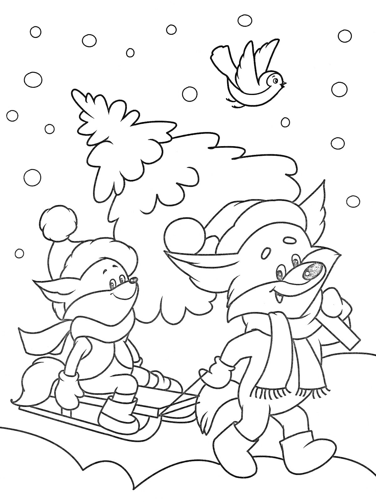 На раскраске изображено: Зимняя сказка, Лисички, Снег, Деревья, Зима, Снегопад