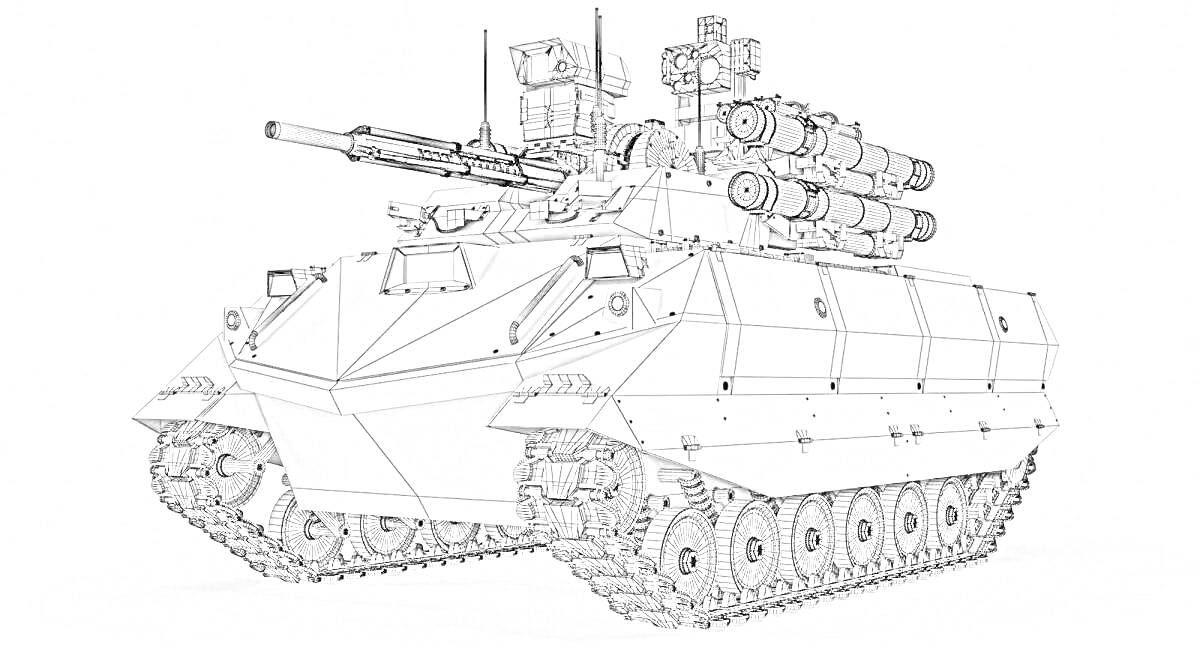 РаскраскаБоевая бронированная машина с пушкой, ракетами и гусеничным движителем