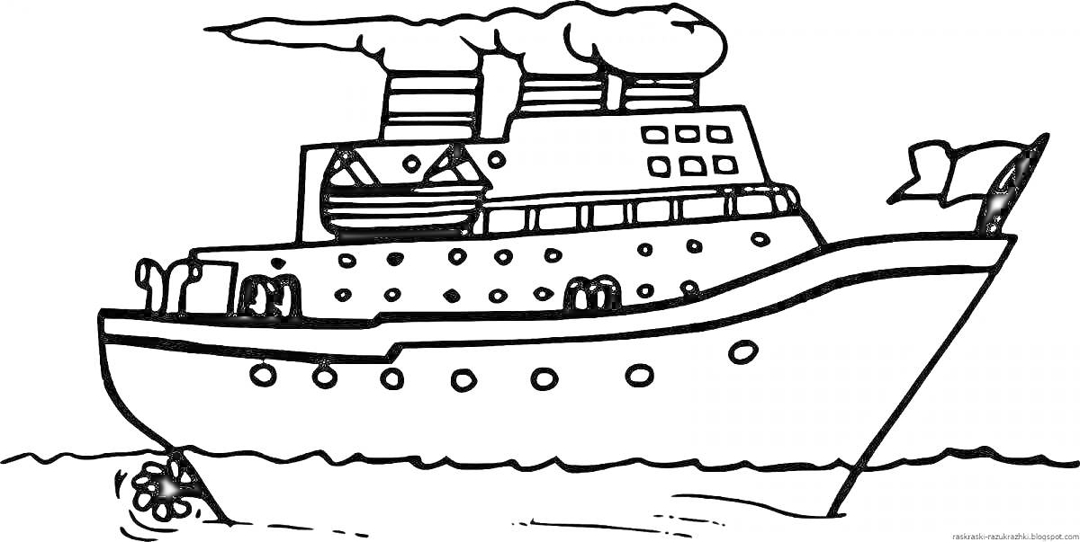 На раскраске изображено: Военный корабль, Для детей, Иллюминаторы, Флаг, Вода, Море, Корабль