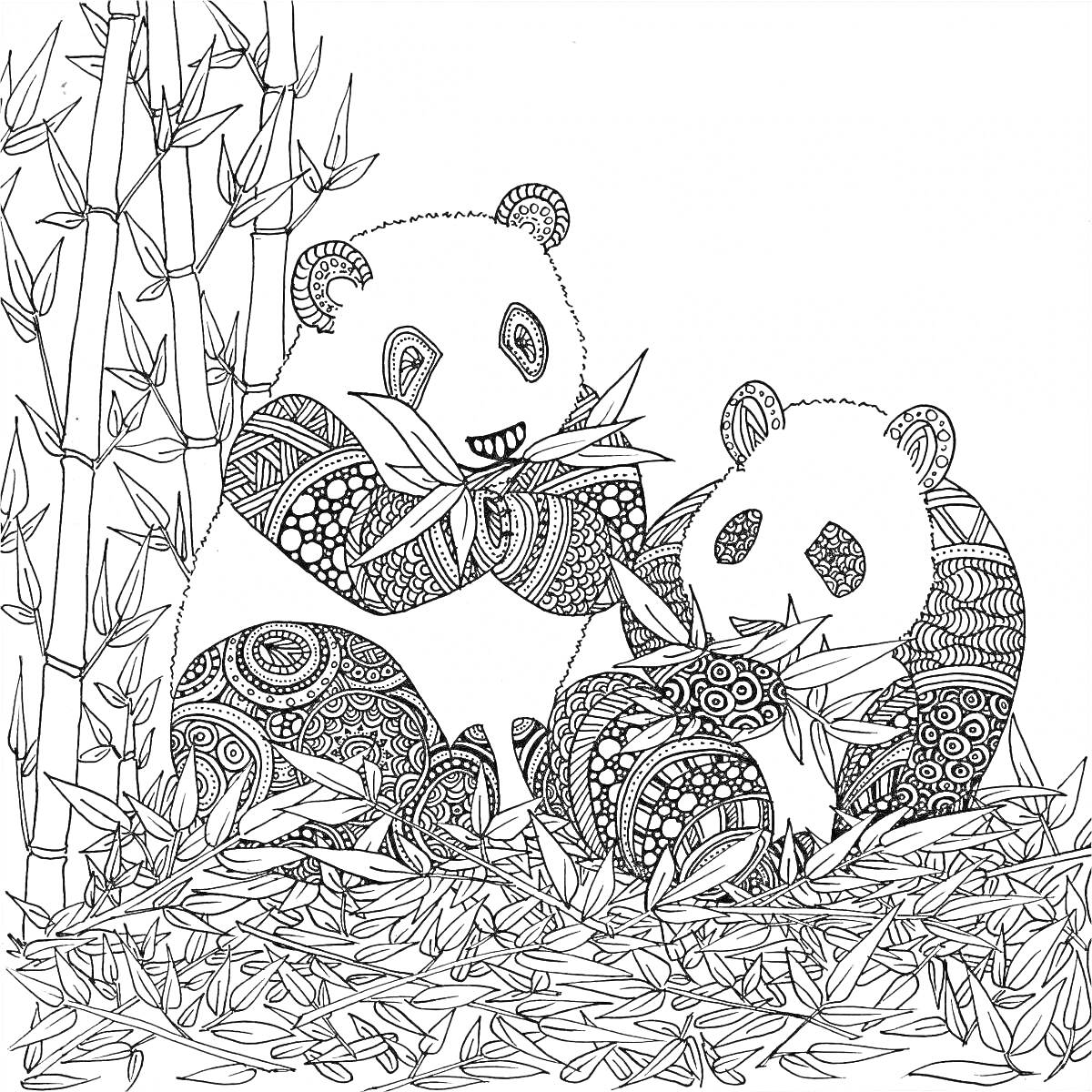 Раскраска Две панды с рисунками на теле едят бамбук среди растений