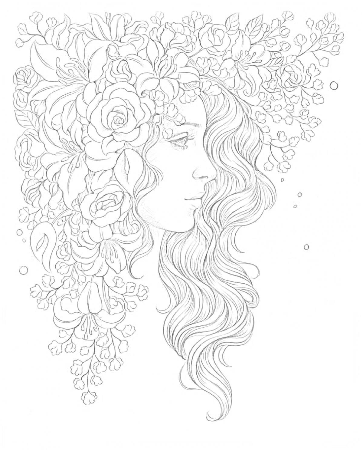 Раскраска Портрет девушки с длинными волнистыми волосами, украшенными большими и маленькими цветами