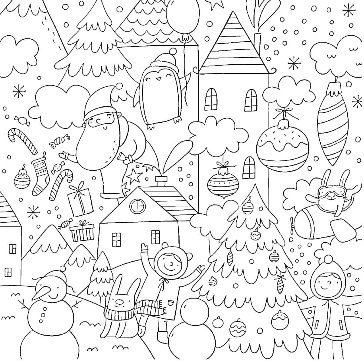 На раскраске изображено: Новый год, Дом, Подарки, Украшения, Зима, Снег, Новогодние игрушки