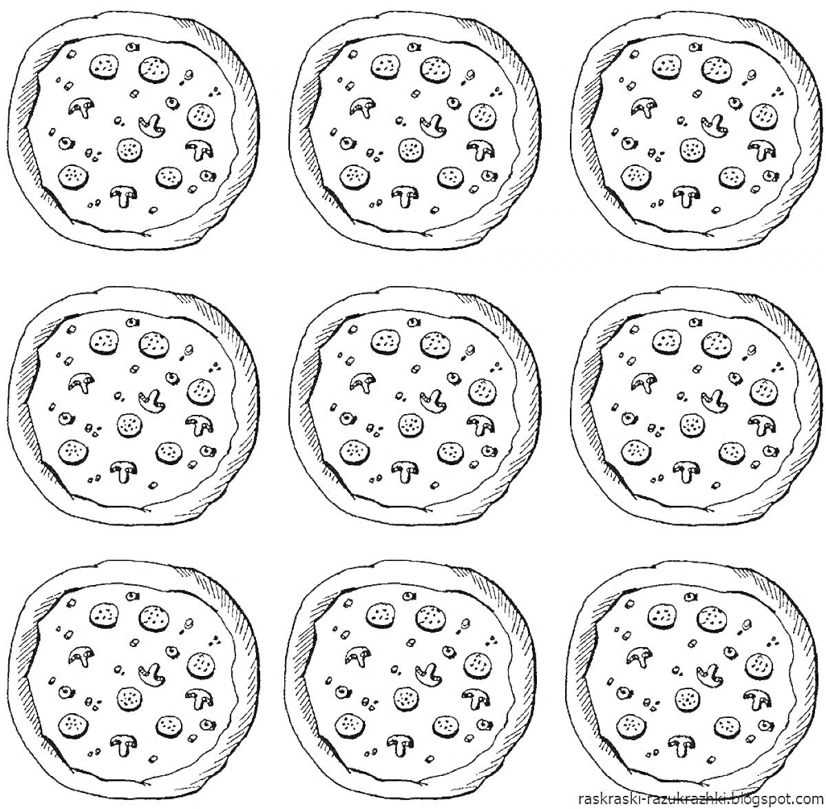 Раскраска Раскраска с девятью пиццами, содержащими кусочки колбасы, ломтики грибов, кусочки оливок и кусочки перца