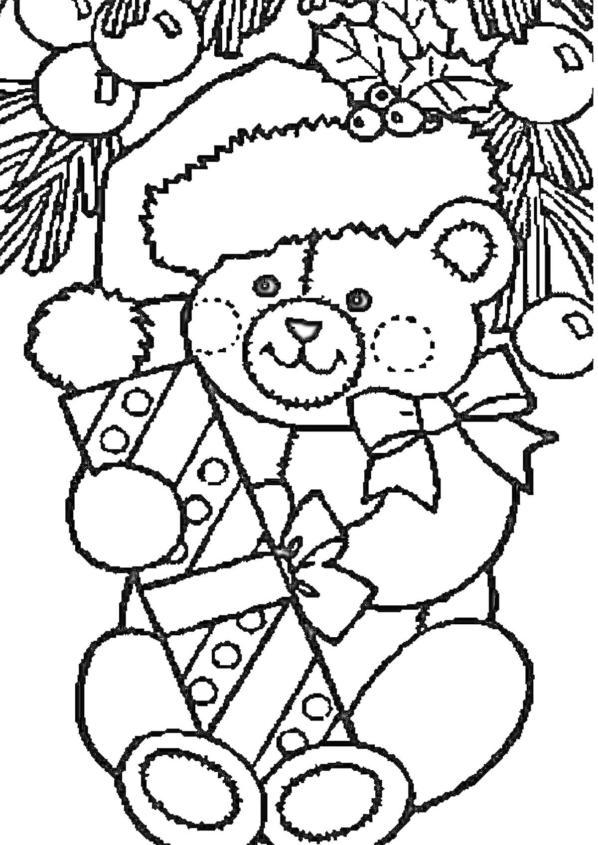 Раскраска Плюшевый медвежонок в новогодней шапке с подарком на фоне сосновых веток и ягод