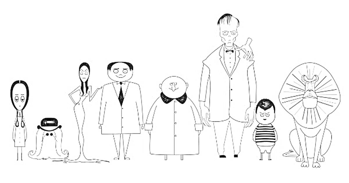 Члены семейки Аддамс, включая девочку с длинными волосами, волосатого персонажа в шляпе, женщину с длинными волосами и в длинном платье, мужчину в костюме, круглого персонажа в пальто, высокого мужчины с бантом, мальчика в полосатой одежде и львиноподобно