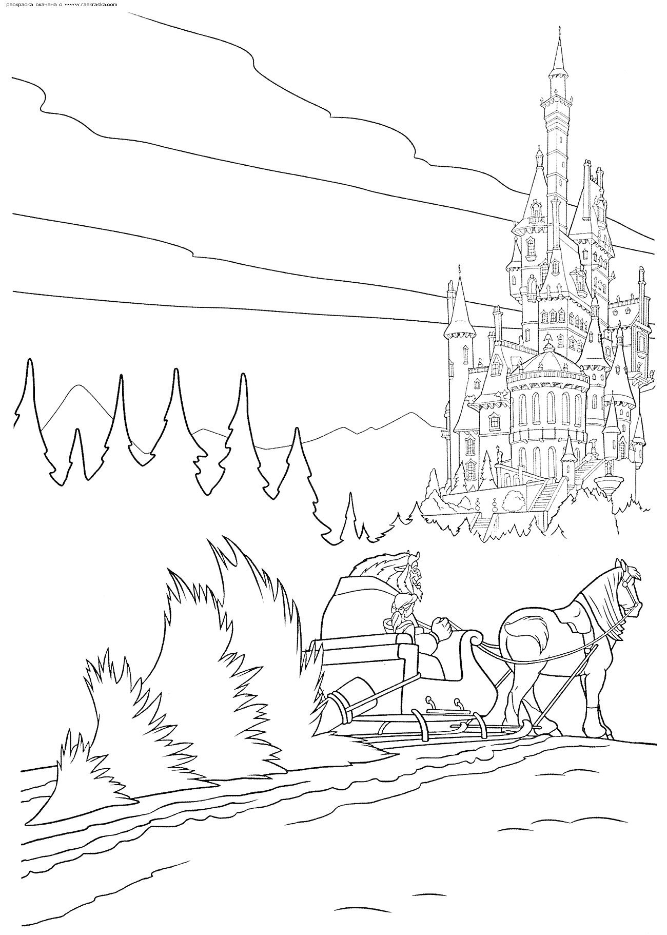 На раскраске изображено: Замок, Эльза, Карета, Деревья, Горы, Природа