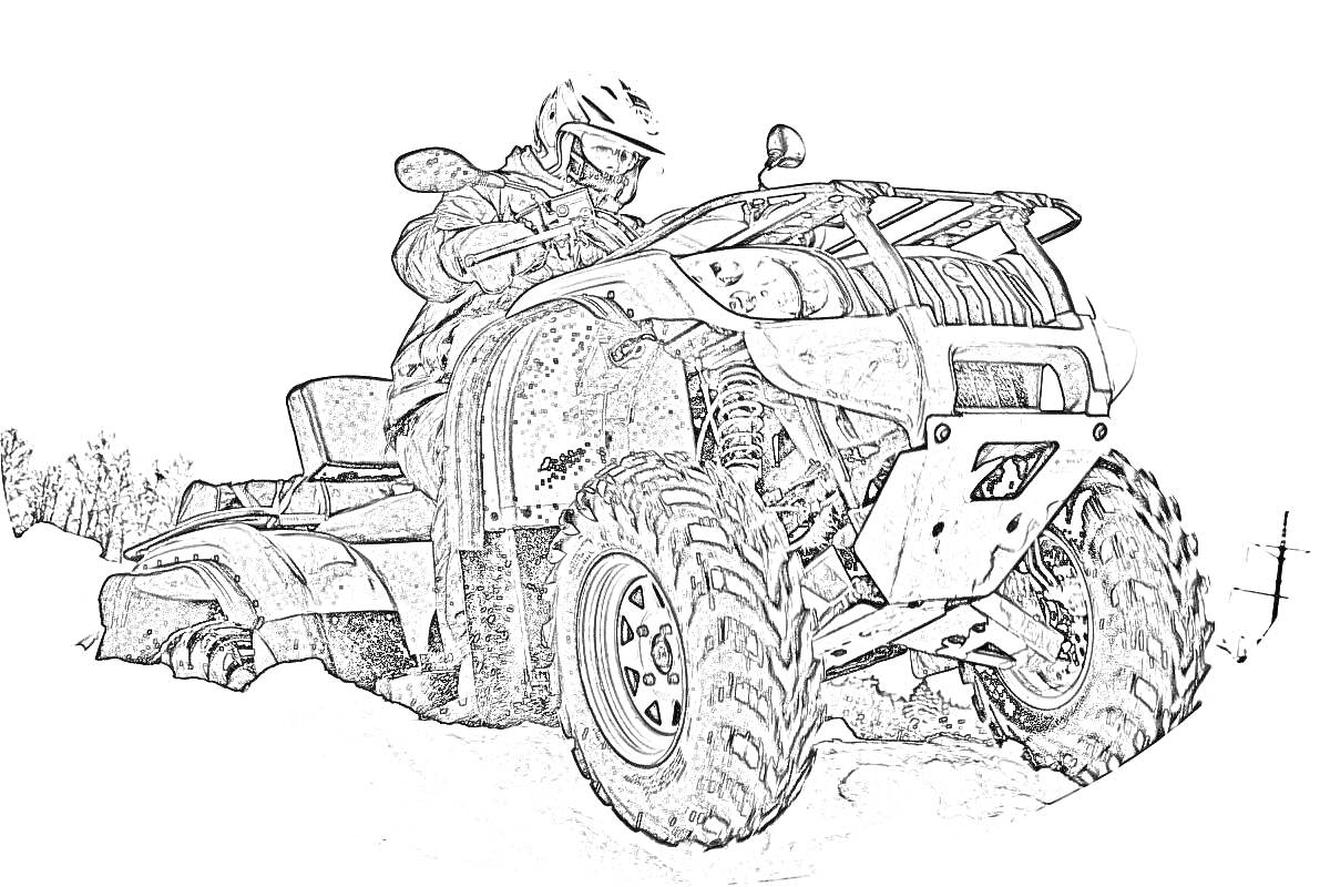 Раскраска Квадроцикл с водителем в защитной экипировке на фоне природы