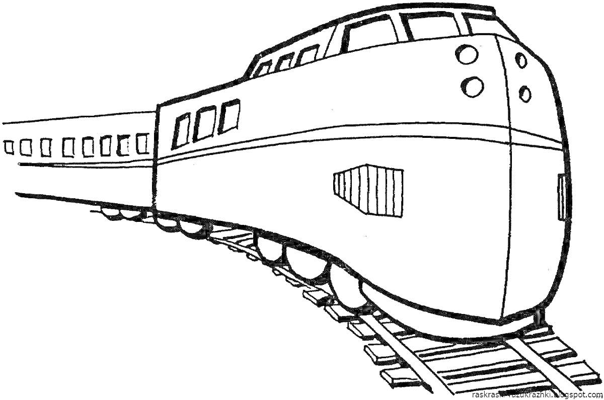 На раскраске изображено: Поезд, Рельсы, Вагоны, Транспорт