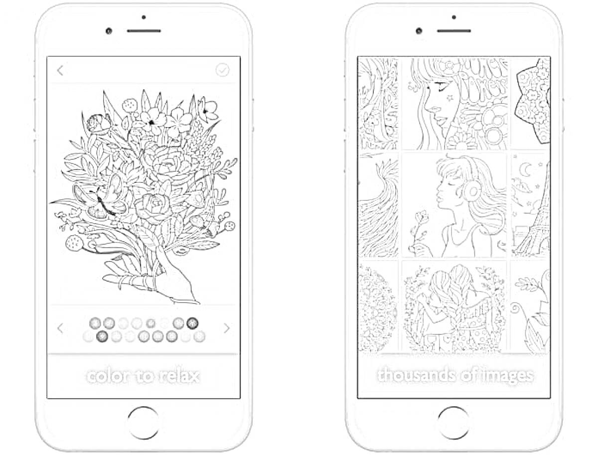 Раскраска приложение для раскраски на смартфоне с изображениями букета цветов и тысячей других раскрасок