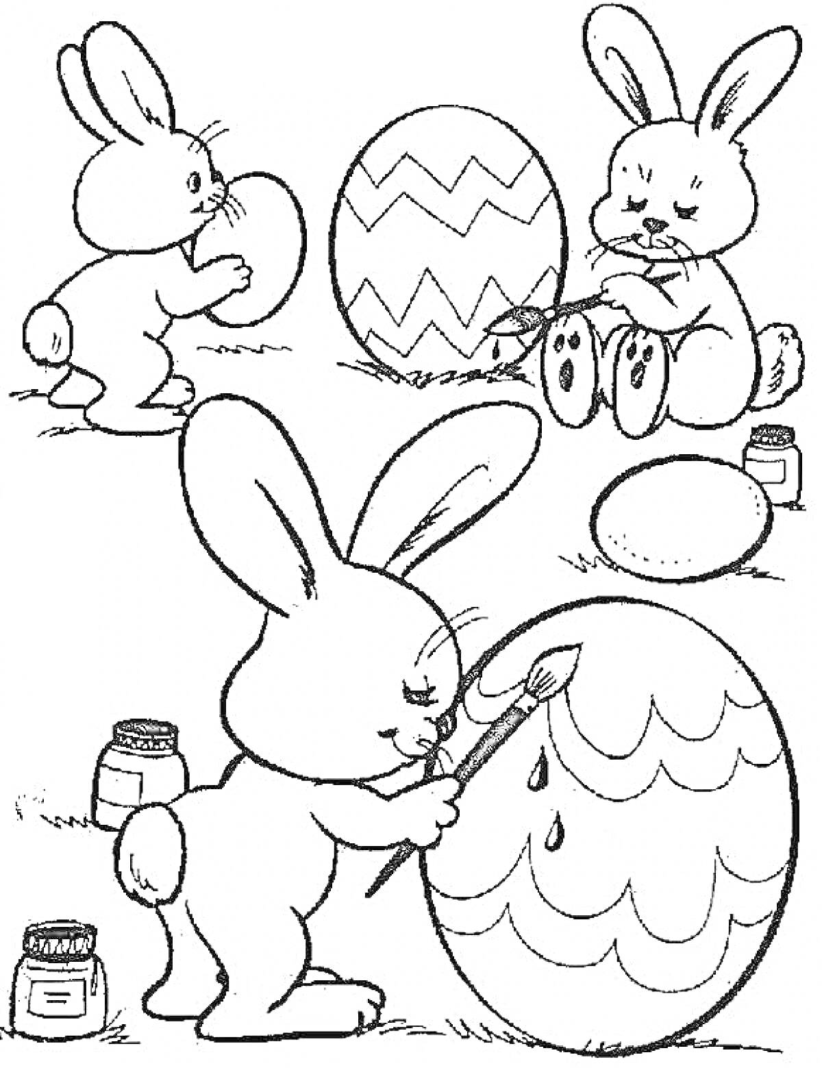 На раскраске изображено: Кролик, Пасха, Творчество, Яйца, Кисти, Краски, Праздники
