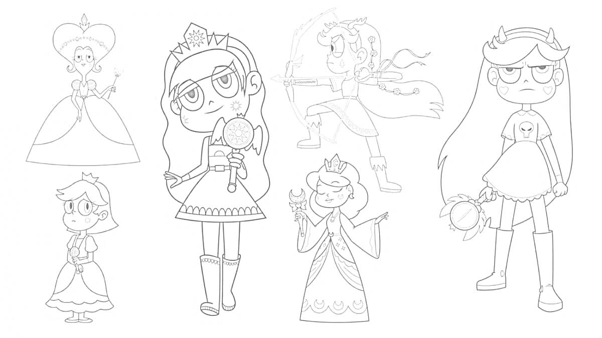 Раскраска Шесть девочек в нарядах, стоящей с волшебными атрибутами
