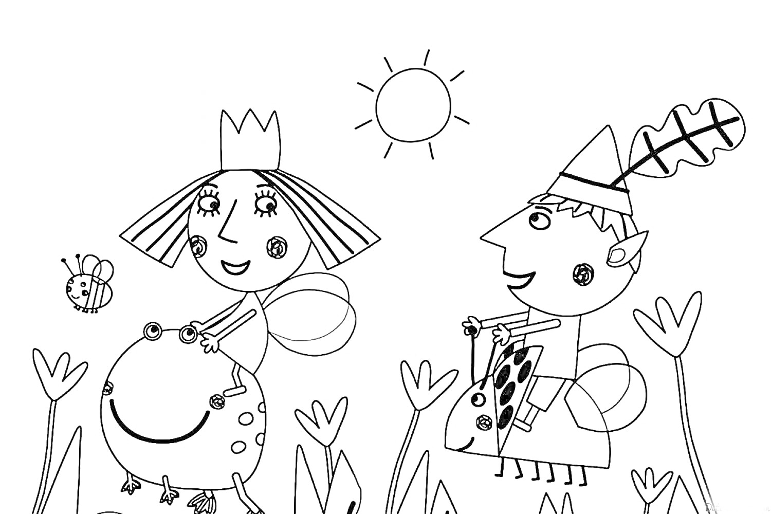 Раскраска Девочка с короной верхом на лягушке, мальчик в колпаке верхом на божьей коровке, солнышко, бабочка, растения