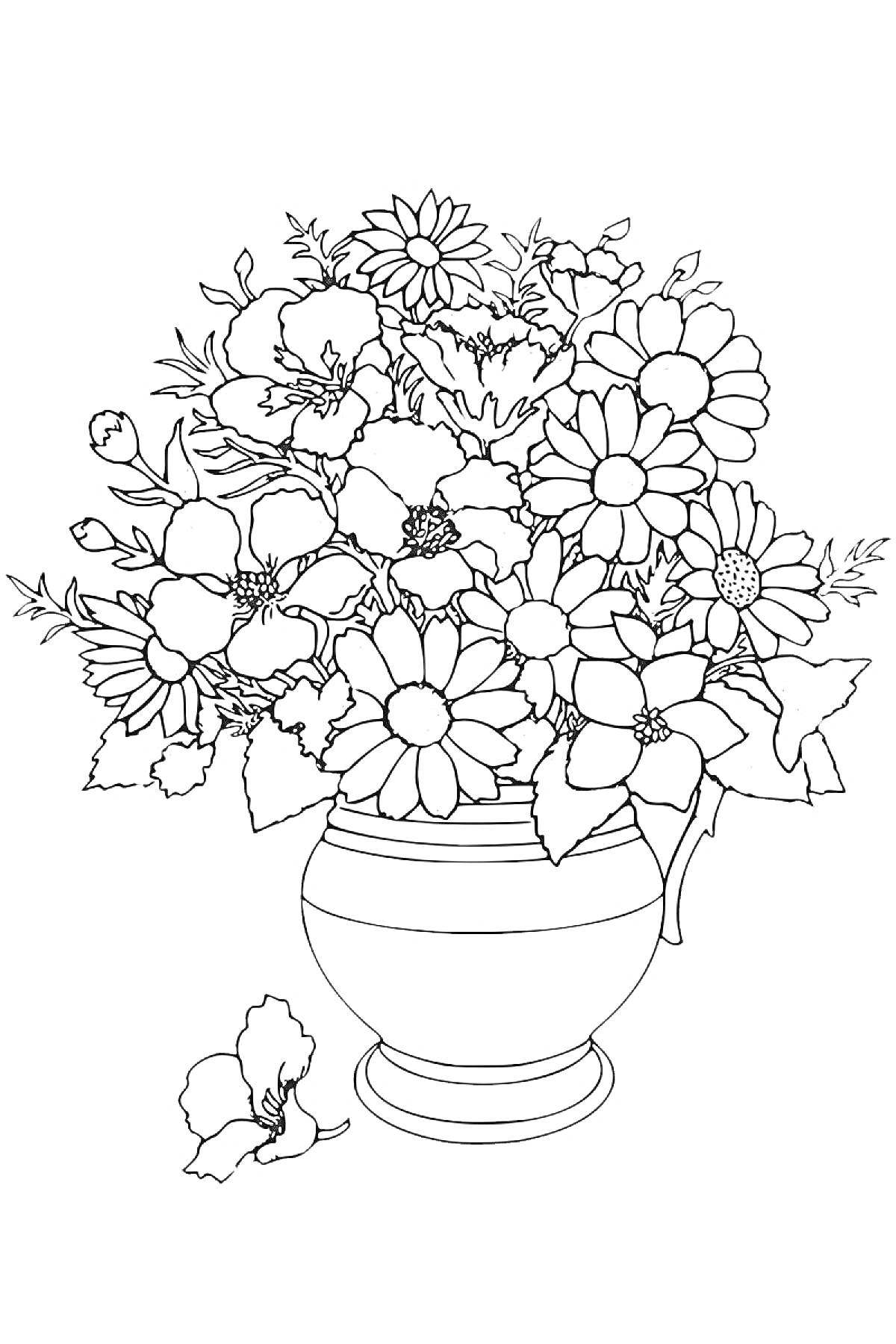 Раскраска Букет полевых и садовых цветов в вазе