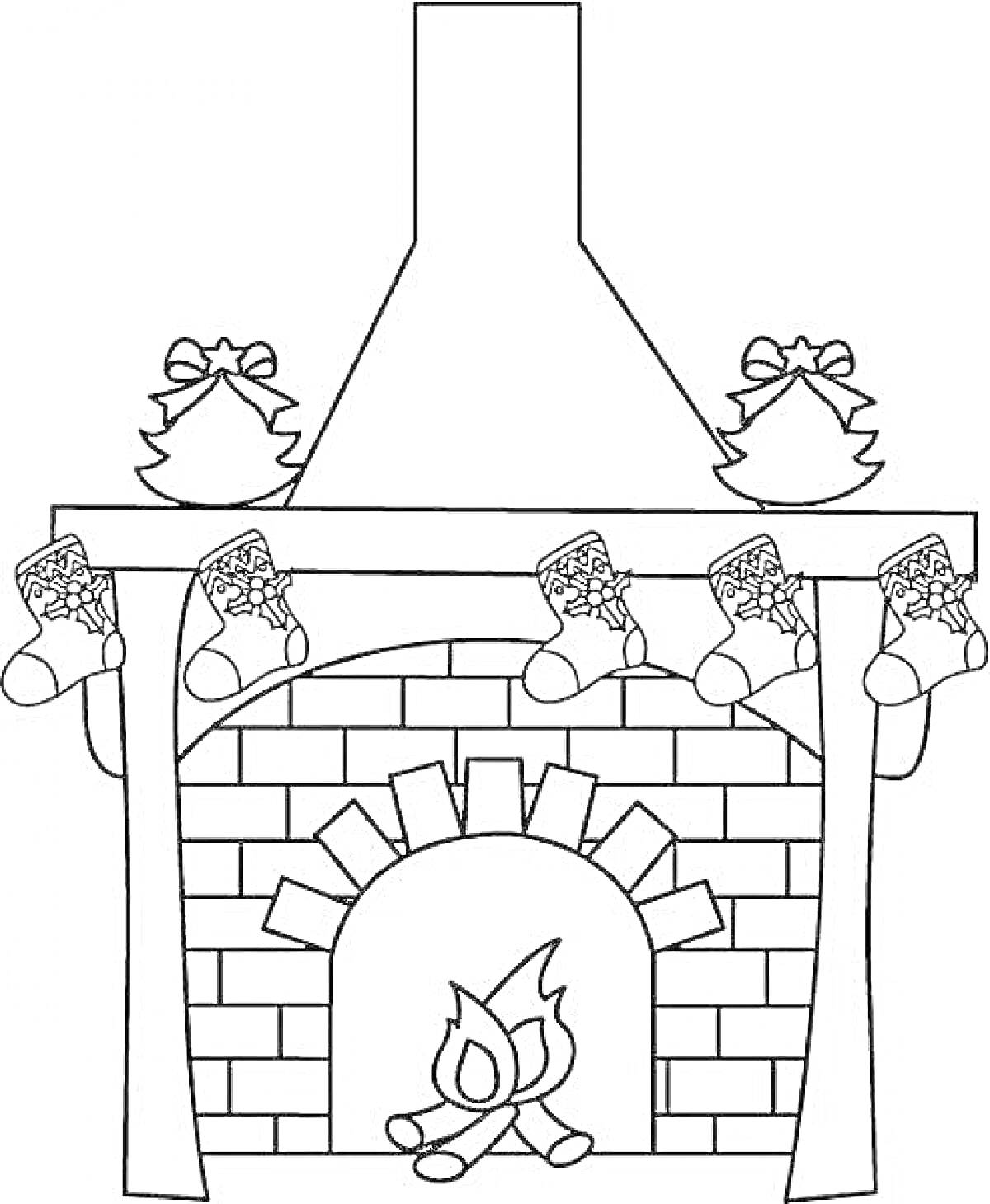 На раскраске изображено: Камин, Носки, Рождественские носки, Огонь, Кирпичная кладка, Новый год, Рождество