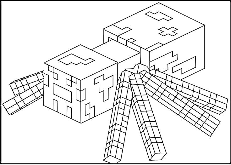 Раскраска Паук в стиле Майнкрафт с блоками и пикселями