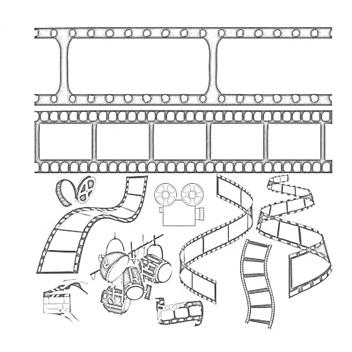 На раскраске изображено: Кино, Кинопленка, Камера, Проектор, Съёмка, Фильм, Кинематограф