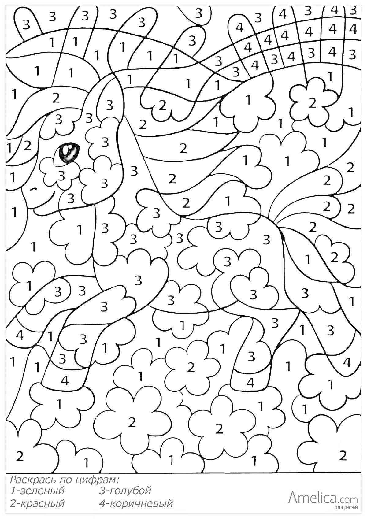 Раскраска Единорог среди цветов, раскраска по цифрам для детей 6-7 лет