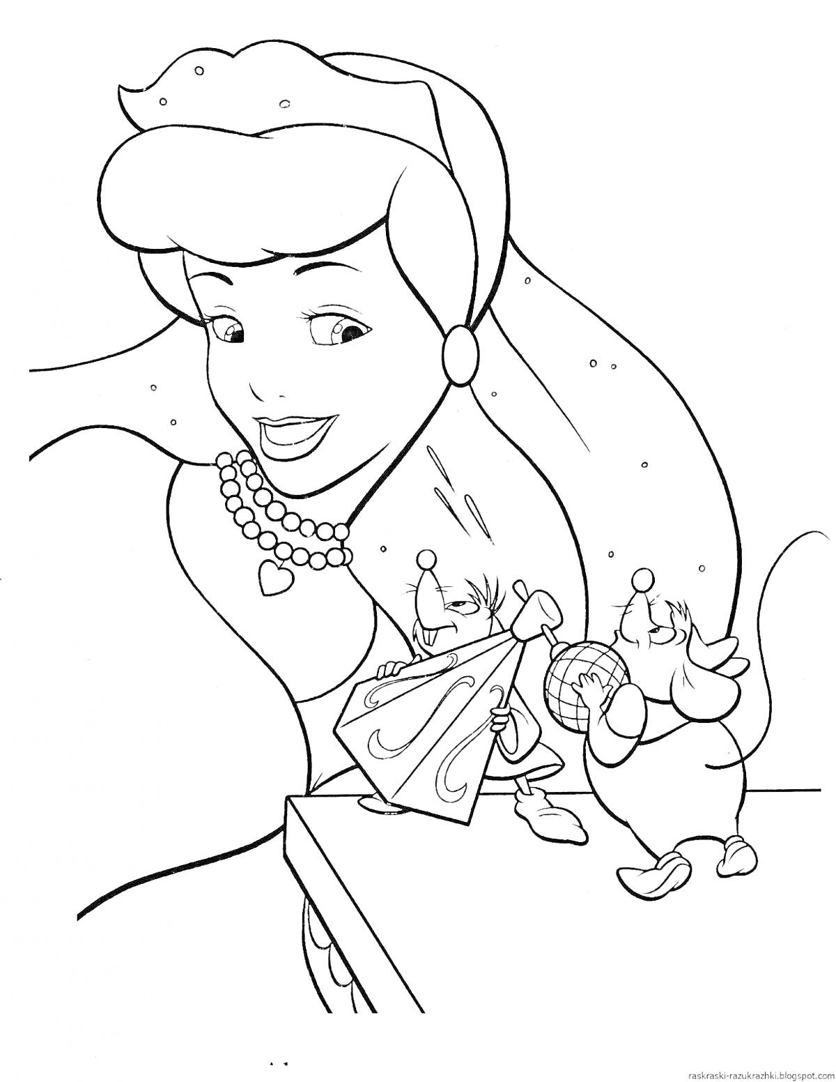 Раскраска Золушка с ожерельем и мышами, держащими ткань и ножницы