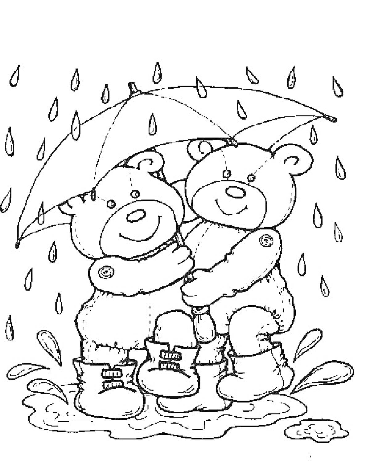 Раскраска Два медведя под одним зонтом в дождь, стоят в луже и обнимаются
